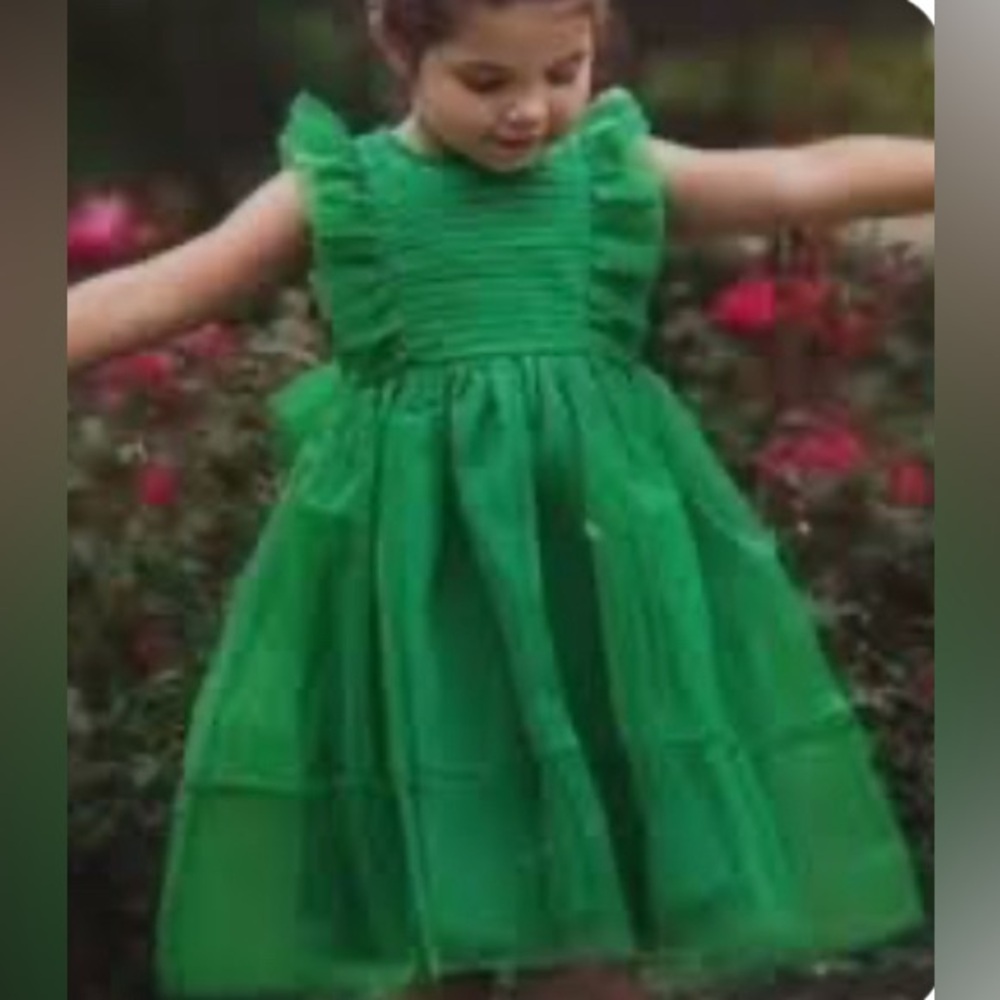 Green Ruffled Kids Formal Dress